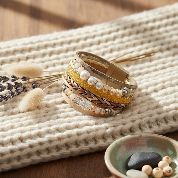 🆕Boho Chic Layered Vegan Leather Magnetic Trendy Bracelet with Faux Pearls - Picture 16 of 16